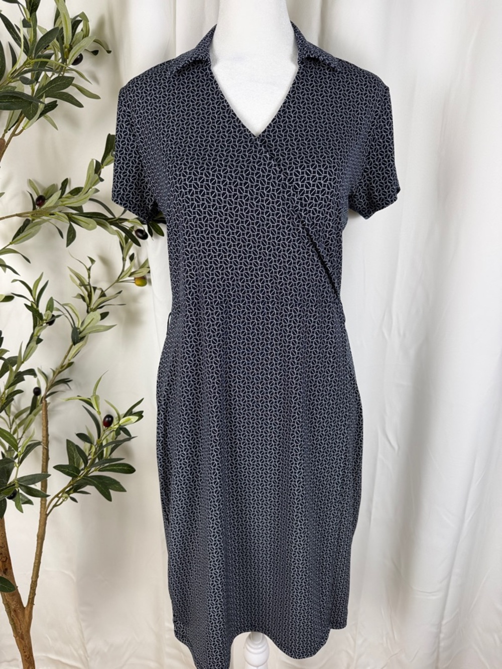 Brooks Brothers Navy Geometric Collared Midi Wrap Dress Sz XS (DJ3)